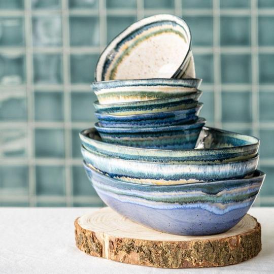 muzlis tal rusztikus mediterran country falusi handmade kezzel festett keramia etkeszlet keszlet eskuvoi ajandek turkiz kek zold konyha keramia tanyer balaton.jpg